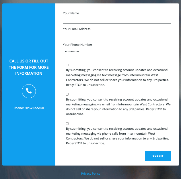 Contact form with fields for name, email, phone number, and a Messaging Consent example; a blue sidebar displays a phone number and call-to-action for more information. Submit button at the bottom.